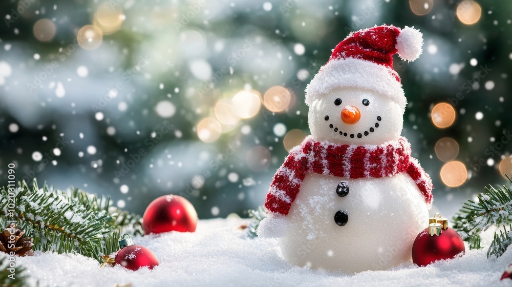 Merry christmas and happy new year greeting card featuring a joyful snowman in a winter wonderland landscape with snowy background and ample copy-space for personalized messages, perfect for holiday g Merry christmas and happy new year greeting card featuring a joyful snowman in a winter wonderland landscape with snowy background and ample copy-space for personalized messages, perfect for holiday g