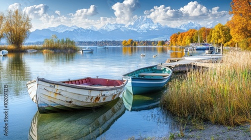 Scenic Lakeside View with Boats and Mountains