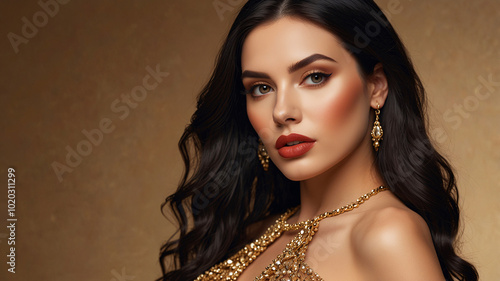 A captivating woman in an adorned gold dress, radiating charm, elegance, and a sense of timeless beauty.