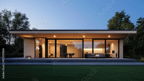 A modern minimalistic style single-story house with a flat roof, clean lines, and large glass windows emitting warm light, contrasting with the cool dusk light.