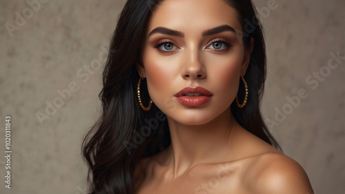 A stunning portrait showcasing a woman wearing hoop earrings, with soft lighting highlighting her elegant features.