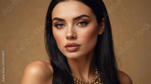 Portrait of a graceful woman with soft makeup and dark hair wearing a statement pearl necklace, exuding timeless elegance.