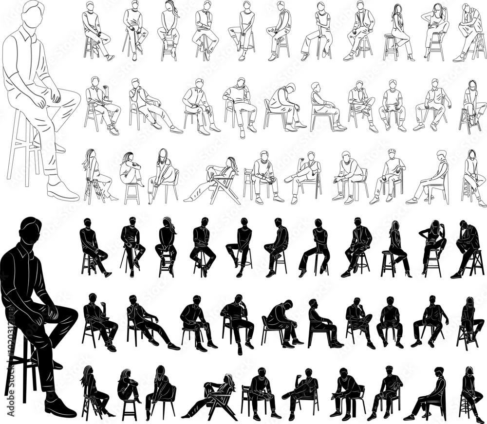 set people sitting sketch and silhouette set set people sitting sketch and silhouette set