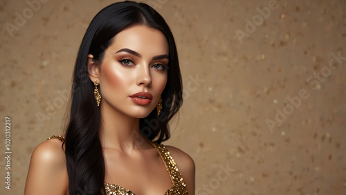 A model in an elegant gold gown glows against a textured backdrop, merging charm and confidence with timeless poise.