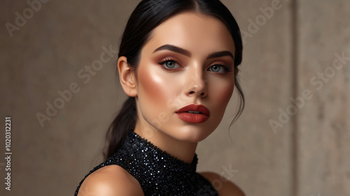 In a sparkly black outfit, this chic model's serious yet elegant expression captures the essence of modern fashion.