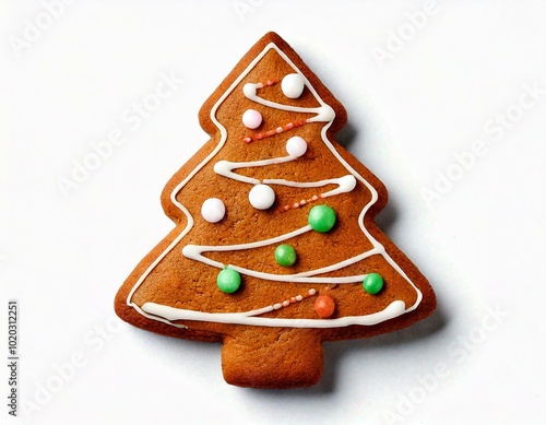 Gingerbread cookie shaped like a tree, decorated with white icing and tiny red, green, and yellow candies on top. Isolated on white photo