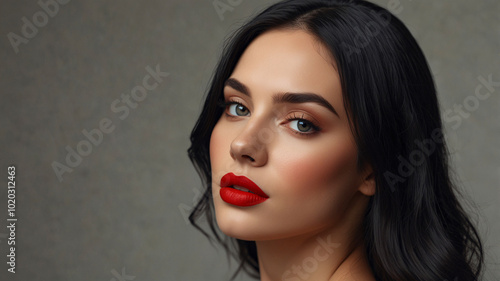Sensuous portrait of a woman with vibrant lips and captivating expression, epitomizing classic and modern aesthetics.