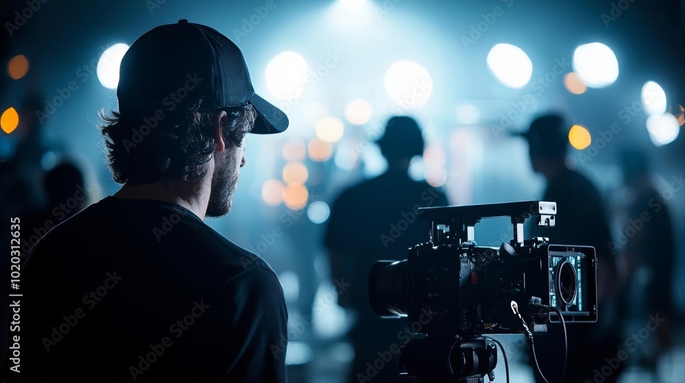 Inside the film industry crew working on set, silhouettes against bright studio lights, video production scene Inside the film industry crew working on set, silhouettes against bright studio lights, video production scene