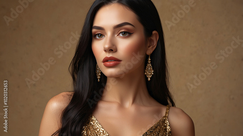 Portrait of a stylish woman with dark hair wearing gold dress and earrings, with a sophisticated expression.