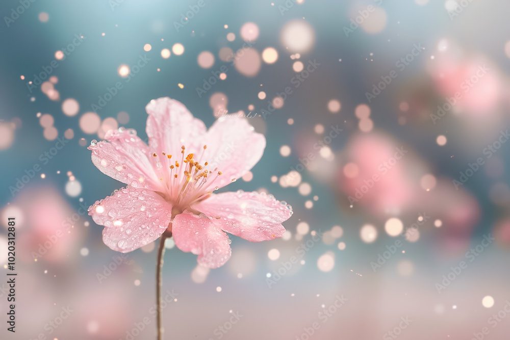 A single cherry blossom stands proudly, adorned with droplets, as a magical atmosphere filled with soft bokeh surrounds it, creating a tranquil mood A single cherry blossom stands proudly, adorned with droplets, as a magical atmosphere filled with soft bokeh surrounds it, creating a tranquil mood