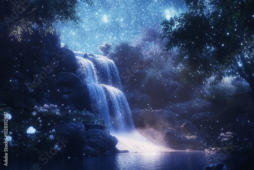 Wallpaper Mural 3D Waterfall, Glittery stars and mist Background Wallpaper Torontodigital.ca