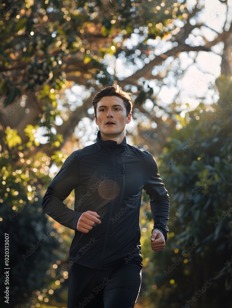 Obraz premium A young man runs through a wooded area with a determined look on his face.