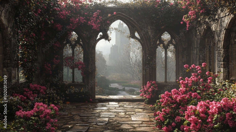 Fototapeta premium Stone Archway Overlooking a Foggy Forest with Pink Blossoms