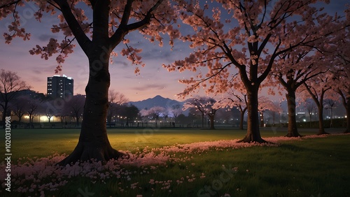 Serene Twilight at the Cherry Blossom Park – Japan-Inspired Tranquility with Sakura in Bloom photo