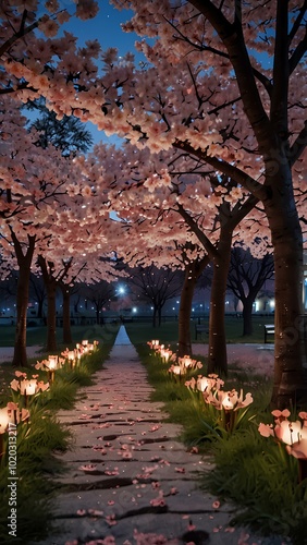 Serene Twilight at the Cherry Blossom Park – Japan-Inspired Tranquility with Sakura in Bloom photo