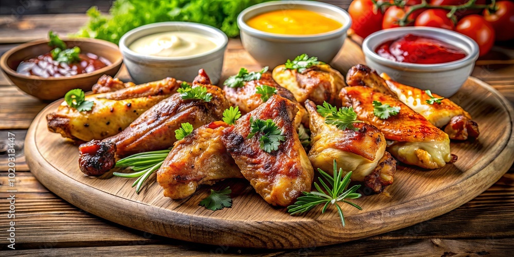 A Rustic Feast Crispy, Golden-Brown Wings on a Wooden Platter, Accompanied by a Variety of Sauces and Fresh Herbs A Rustic Feast Crispy, Golden-Brown Wings on a Wooden Platter, Accompanied by a Variety of Sauces and Fresh Herbs