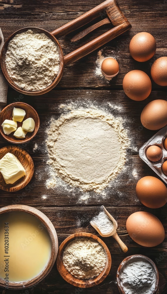 Baking Ingredients for Pastry Dough or Bread, Top View. Flour Frame on Wooden Background. Baking Ingredients for Pastry Dough or Bread, Top View. Flour Frame on Wooden Background.