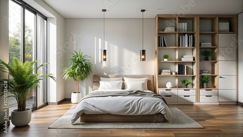 Wallpaper Mural A Modern Bedroom with a Neutral Color Palette and Natural Light Streaming Through Large Windows Featuring a Wooden Bed, a Cozy Rug, and a Floor-to-Ceiling Bookshelf Torontodigital.ca