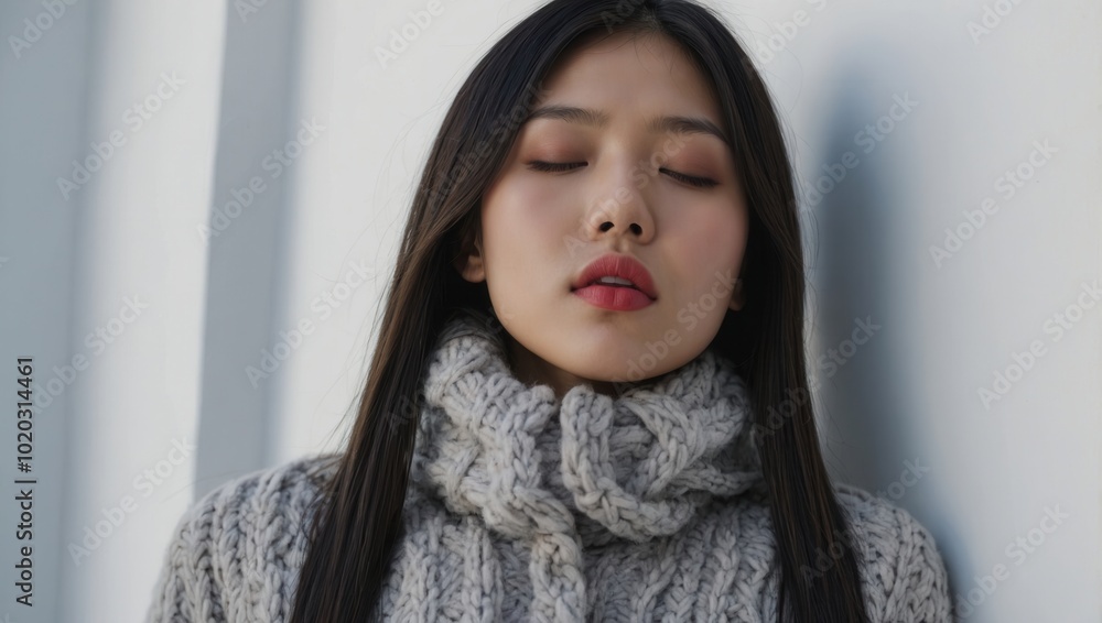 Woman in profile view, leaning against wall, eyes closed, gray sweater, calm mood. Woman in profile view, leaning against wall, eyes closed, gray sweater, calm mood.