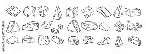 Cheese Doodle hand drawn line icon set. Different piece slice cheese for menu, design restaurant, cafe