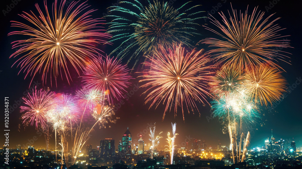 Spectacular fireworks display over city skyline celebrating New Year's Eve night