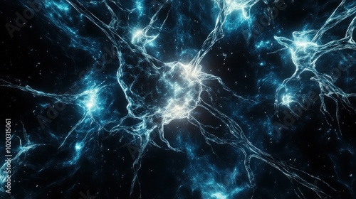 Human neurons with glowing connections between large white and blue fractal structures on a dark background. This scene is taken from the perspective of a person looking into his own brain.