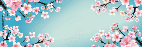 Spring background with a frame of flowering branches with pink cherry blossoms