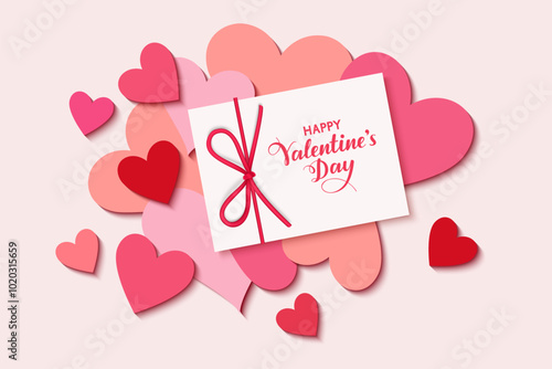 Decorative white gift card design template with red bow and ribbon on pink background with red and pink hearts. Valentines' day design templates. Vector illustration	
