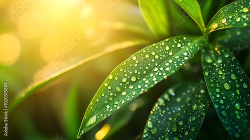 Dewdrops on green leaves in warm sunlight.