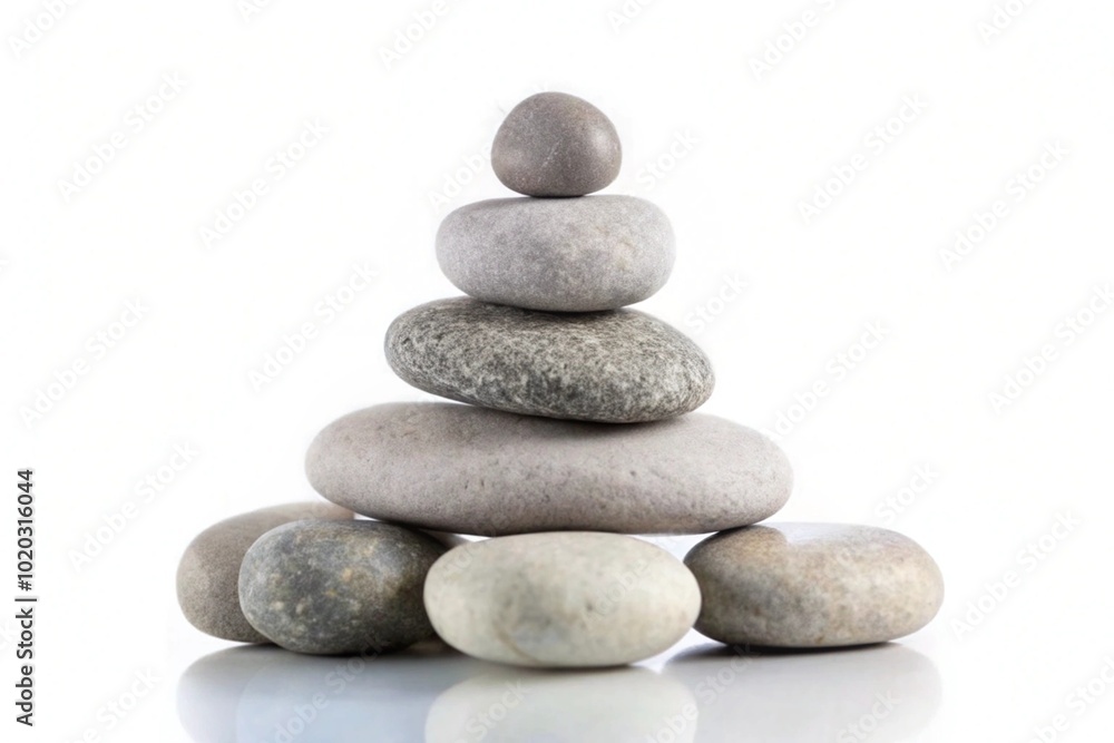 A pyramid of sea pebbles stacked on a white background, symbolizing balance and harmony in life. A pyramid of sea pebbles stacked on a white background, symbolizing balance and harmony in life.