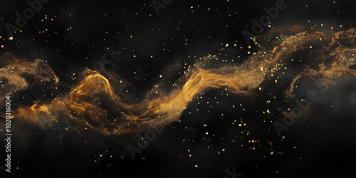 Dark background with golden dust, glitters and sequins. Abstract luxury banner and wallpaper.