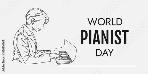 World Pianist Day. Woman playing piano. Beautiful female pianist with short hair. Editable line. Continuous one line drawing.