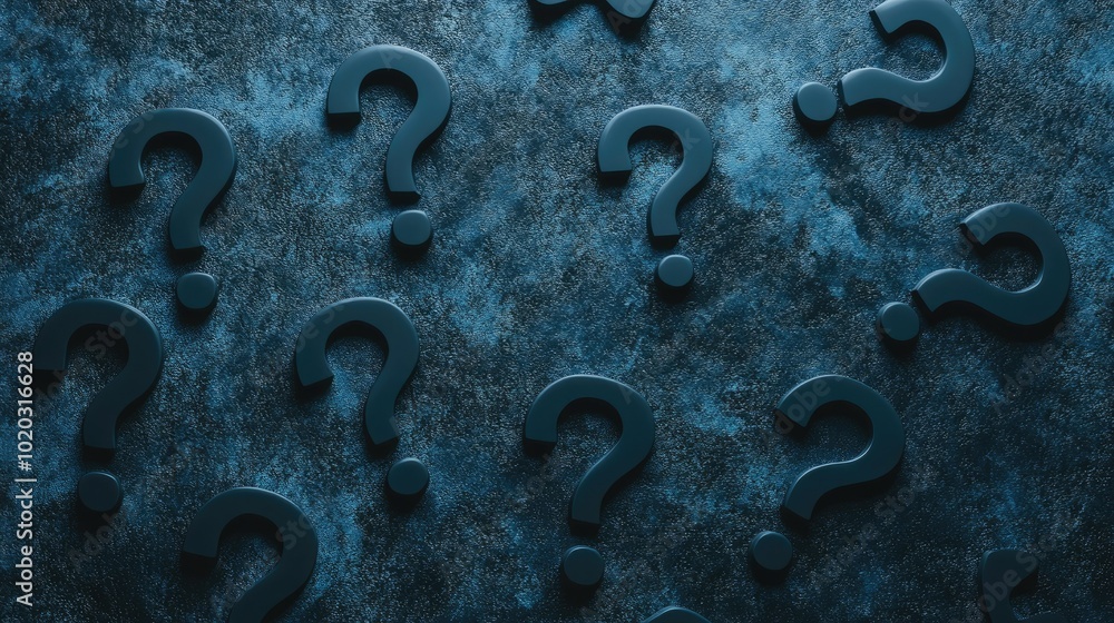 Multiple question mark icons in different sizes on a dark blue backdrop, representing problem-solving and uncertainty Multiple question mark icons in different sizes on a dark blue backdrop, representing problem-solving and uncertainty