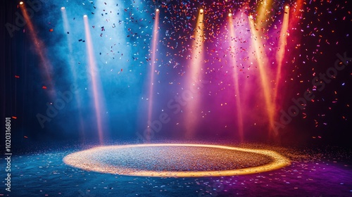 Wallpaper Mural Neon circle stage with strong light beams and golden-blue confetti raining from above Torontodigital.ca