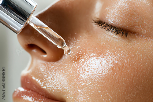 Close-up of a woman applying serum on her glowing skin with a dropper. photo