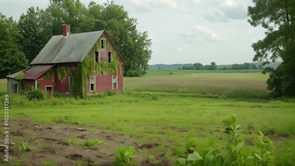 Old farmhouse with vines, red barn in the distance, lush green fields stretch to horizon, An old farmhouse with a red barn and lush fields stretching into the distance Old farmhouse with vines, red barn in the distance, lush green fields stretch to horizon, An old farmhouse with a red barn and lush fields stretching into the distance