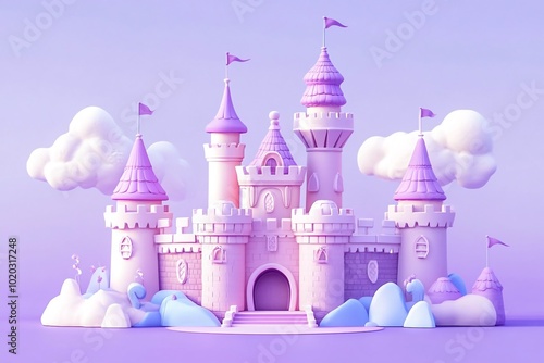 3D Fantasy Castle, Pink and purple fantasy scene Background Wallpaper