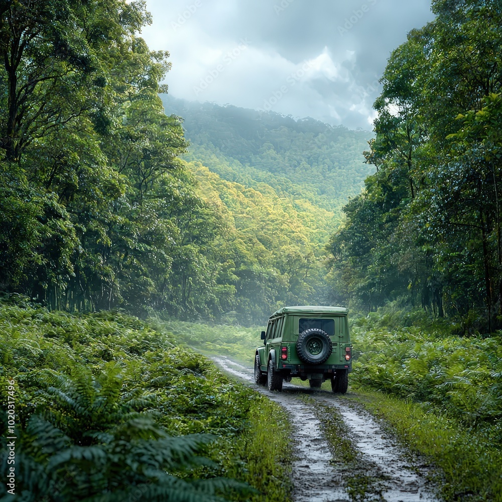 Off-road truck navigating through a thick forest after a rainstorm Off-road truck navigating through a thick forest after a rainstorm
