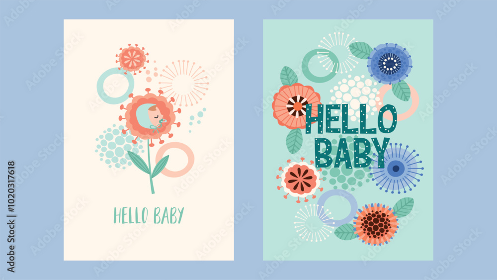Fototapeta premium Baby birthday cards. Cute illustrations with funny abstract flowers. Vector templates