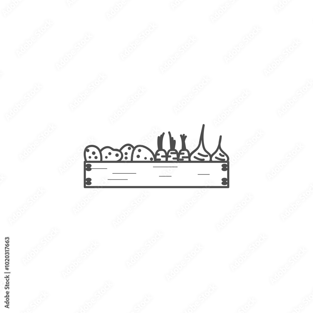 Box with vegetables, counter with vegetables, selling vegetables at the market icon. Box with vegetables, counter with vegetables, selling vegetables at the market icon.