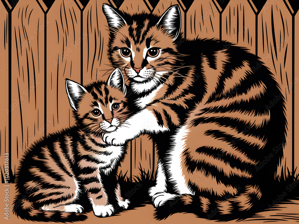 Whimsical illustration of a cat and kitten in a cozy backyard. Generative AI Whimsical illustration of a cat and kitten in a cozy backyard. Generative AI