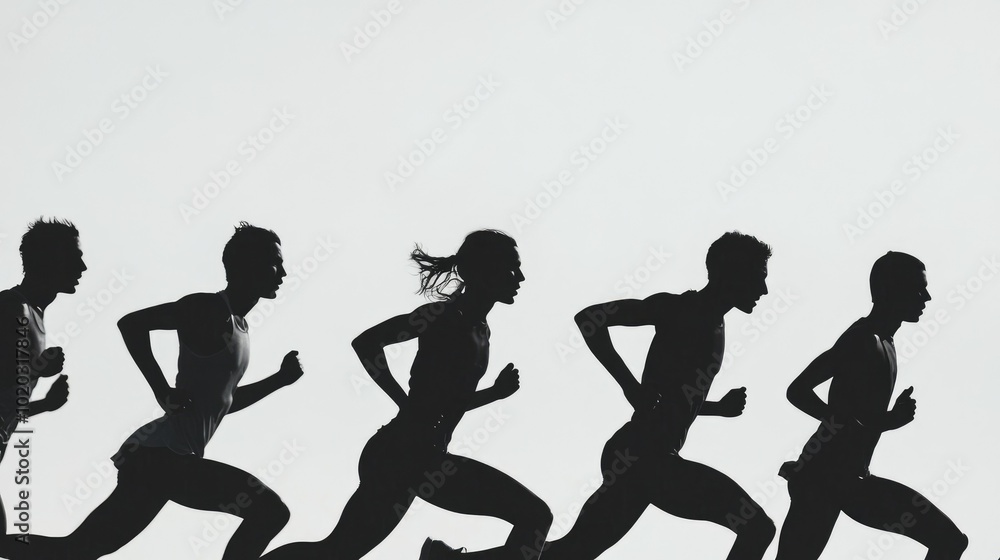 Obraz premium People running in a race, silhouettes against a white background, wide-angle view, side profile, black and white aesthetic