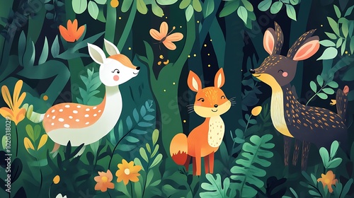 Three Cartoon Animals Posing in a Lush Green Forest