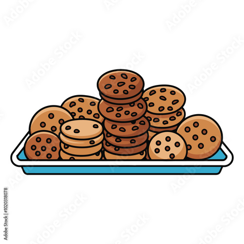 Sweet Array of Chocolate Chip Cookies on a Blue Tray Illustration