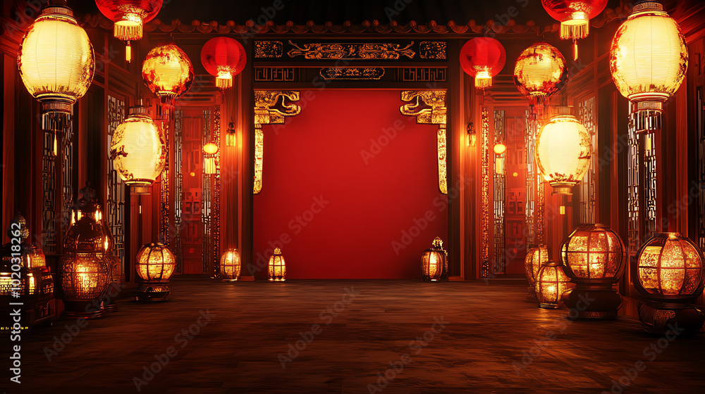Fototapeta premium A vibrant interior scene showcasing traditional lanterns and rich cultural elements, perfect for celebrations and festivals.