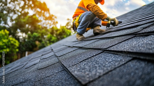 Close-up of a roofer working on a new asphalt shingle roof