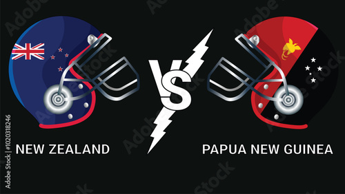 New Zealand Vs Papua New Guinea 3D Illustration vector flags over cricket Helmet for Versus Match with Black Background