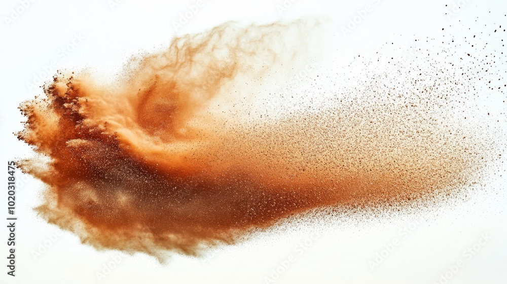 Fototapeta premium A cloud of brown dust and particles dispersing in mid-air against a white background