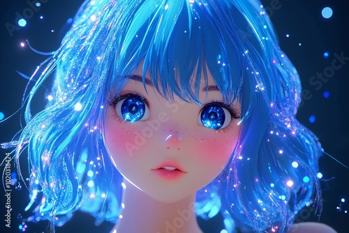 3D Anime Girl, Sparkling hair and glitter accents Background Wallpaper