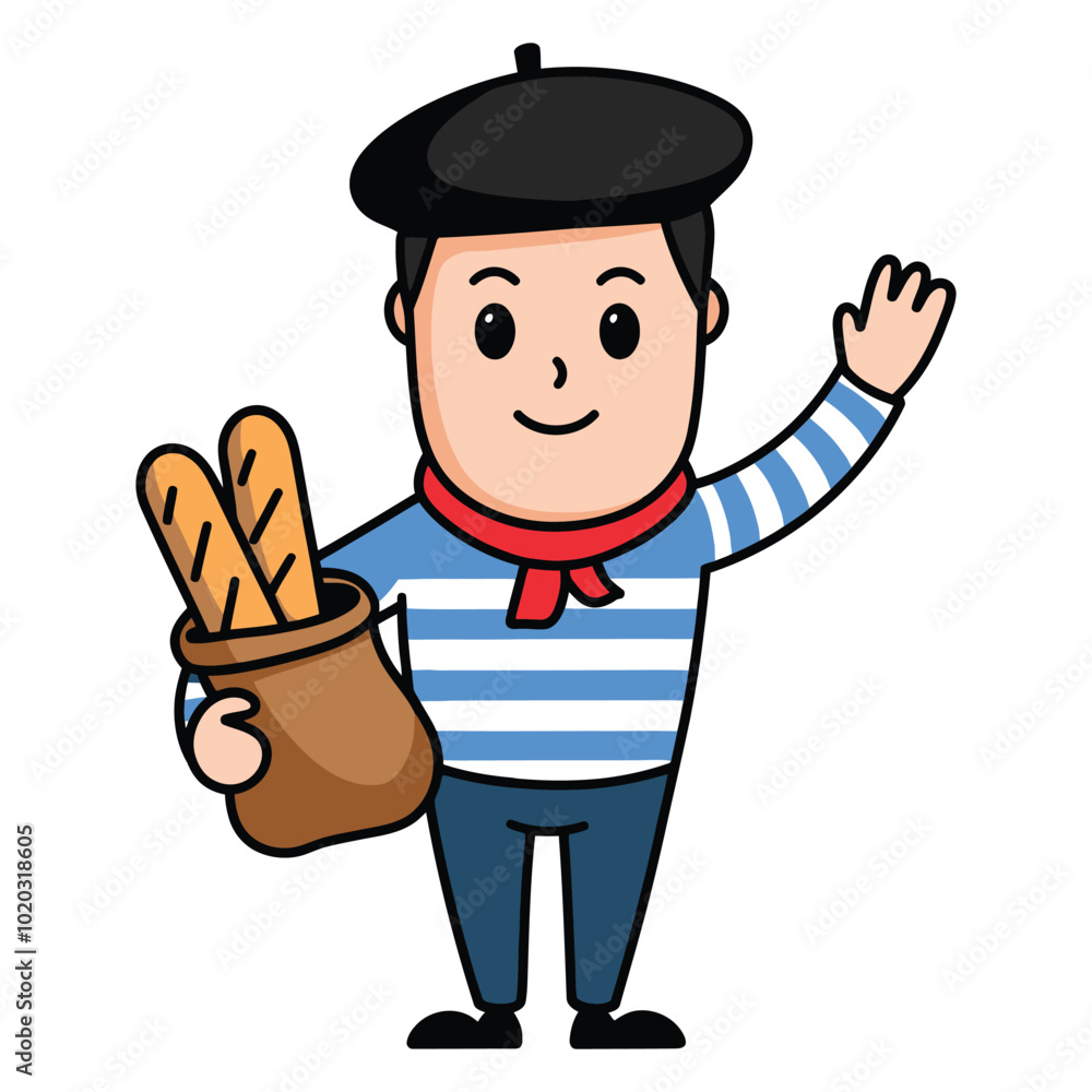 French man cartoon character with baguettes and waving illustration French man cartoon character with baguettes and waving illustration